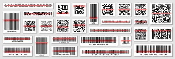 Product barcodes and QR codes with red scanning line. Identification tracking code. Serial number, product ID with digital information. Store, supermarket scan labels, price tag. illustration. vector