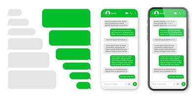 Realistic smartphone with messaging app. Blank SMS text frame. Conversation chat screen with green message bubbles. Social media application. illustration. vector