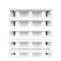 Realistic white store shelves with wall mount and lighting, spotlights. Empty product shelf, grocery wall rack. Mall and supermarket furniture, bookshelf. Modern interior design. illustration vector