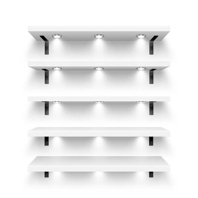 Realistic white store shelves with wall mount and lighting, spotlights. Empty product shelf, grocery wall rack. Mall and supermarket furniture, bookshelf. Modern interior design. illustration