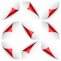 Set of red paper curls. Curled page corner with shadow. Blank sheet of paper. Colorful shiny foil. Design element for advertising and promotion. illustration. vector