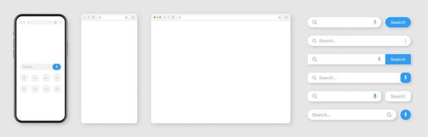 Smartphone, blank internet browser window with various search bar templates. Web site engine with search box, address bar and text field. UI design, website interface elements. illustration vector
