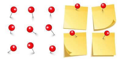 Realistic blank sticky notes isolated on white background. Yellow sheets of note paper with red round push pins. Paper reminder and plastic pushpin with needle. Board tacks. illustration vector