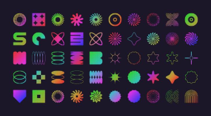 Brutalist geometric shapes, modern symbols with halftone effect. Colorful neon simple primitive elements and forms. Retro design, trendy contemporary minimalist style, y2k. illustration