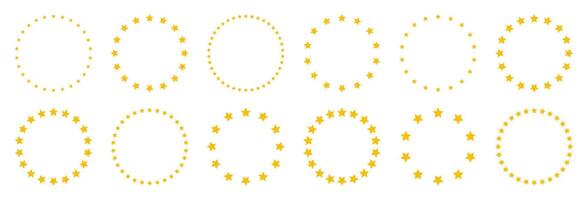 Stars of various sizes arranged in a circle. Round frame, border. Yellow star shape, simple symbol. Design element, ornament. illustration vector