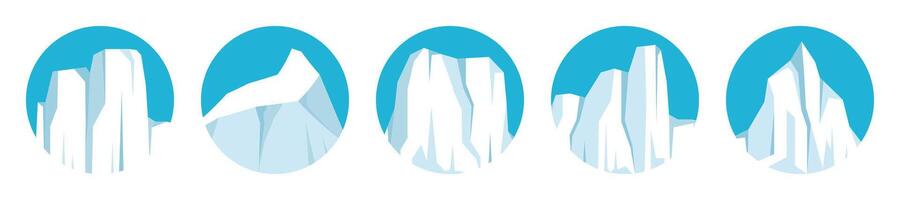 Floating icebergs collection. Drifting arctic glacier, block of frozen ocean water. Icy mountains with snow. Melting ice peak. Antarctic snowy landscape. South and North Pole. illustration. vector