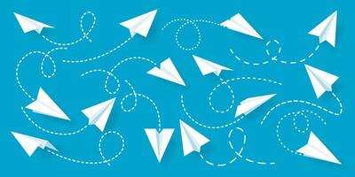 Various realistic white paper planes collection. Handmade origami aircraft with dotted doodle route line. Business concept element, project startup and goal achievement. illustration vector