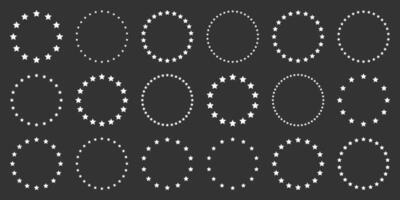 White stars of various sizes arranged in a circle. Round frame, border. Black star outline, simple symbol. Design element, ornament. Line art. illustration vector
