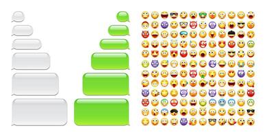 Blank message bubbles with emoji. Green chat or messenger speech bubble. SMS text frame. Short message sending. Conversation screen. Social media application. illustration vector