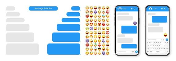 Smartphone messaging app, user interface design with emoji. SMS text frame. Chat screen with blue message bubbles. Texting app for communication. Social media application. illustration vector