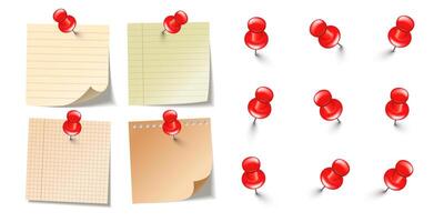 Realistic blank sticky notes isolated on white background. Brown sheets of note paper with red push pins. Paper reminder and plastic pushpin with needle. Board tacks. illustration vector