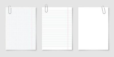 Realistic blank paper sheets in A4 format with metal clip, holder on gray background. Notebook page, document. Design template or mockup. illustration. vector