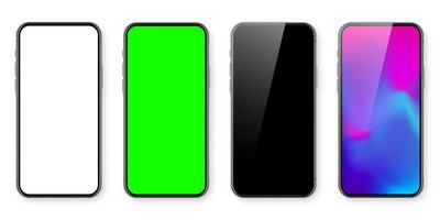Smartphone with blank touch screen and abstract colorful wallpaper, green chroma key background. Frameless mobile phone in front view. High quality detailed device mockup. illustration vector