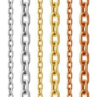 Realistic seamless golden, silver and bronze chains isolated on white background. Metal chain with shiny gold plated links. illustration. vector