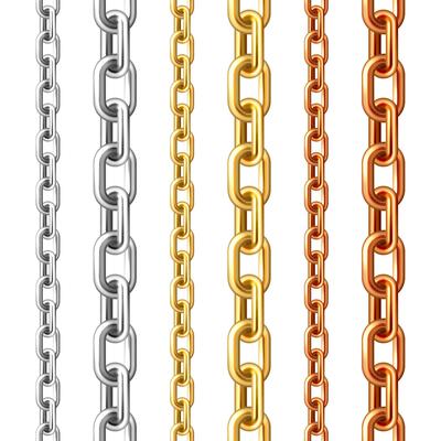 Realistic seamless golden, silver and bronze chains isolated on white background. Metal chain with shiny gold plated links. illustration.