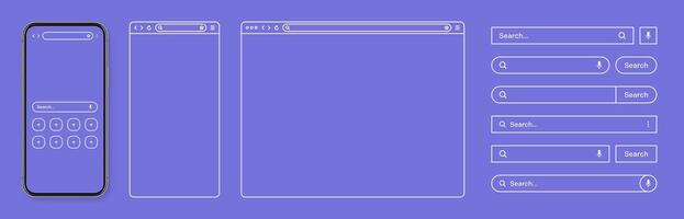 Smartphone, web browser, internet page window with toolbar and search bar, field. Modern website in flat style, line art. Blank browser mockup for computer, tablet and smartphone. illustration vector