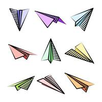 Various hand drawn paper planes. Colorful doodle airplanes. Aircraft icon, simple plane silhouettes. Outline, line art. illustration. vector