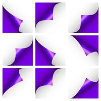 Set of violet paper curls. Curled page corner with shadow. Blank sheet of paper. Colorful shiny foil. Design element for advertising and promotion. illustration. vector