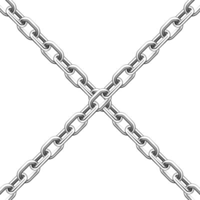 Realistic crossing metal chains with silver links isolated on white background. illustration.