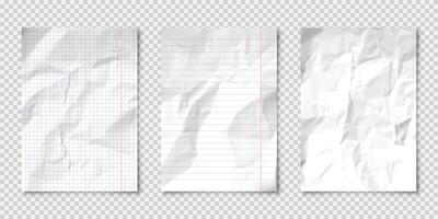 Realistic blank crumpled paper sheets in A4 format on transparent background. Notebook page, document. Design template or mockup. illustration. vector