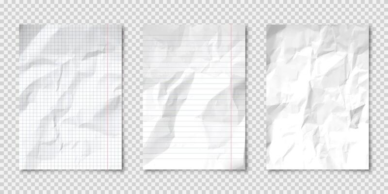 Realistic blank crumpled paper sheets in A4 format on transparent background. Notebook page, document. Design template or mockup. illustration.