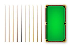 Various wooden billiard cues and green pool table. Snooker sports equipment. Vintage cue. Recreation and hobby, competitive game. illustration vector