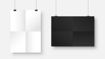 Realistic blank hanging paper sheets in A4 size with shadow isolated on gray background. Black and white folded notebook page. Design poster, template or mockup. illustration. vector