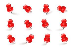 Realistic red push pins. Board tacks isolated on white background. Plastic pushpin with needle. illustration. vector