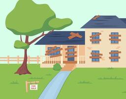Cartoon Color Abandoned Cottage for Sale on a Lawn Scene Concept. vector