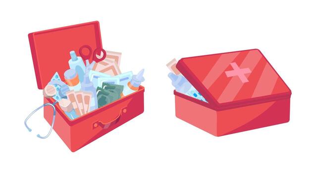 Cartoon Color Front and Back View Open First Aid Box Set vector