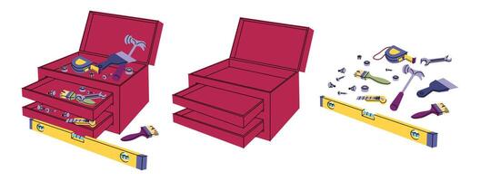 Cartoon Red Empty and Full Open Construction Toolkit Boxes Set. vector