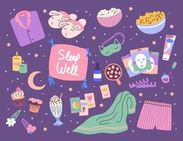 Cozy sleep essentials including snacks and decor vector