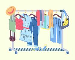 Cartoon Color Different Clothes Hanging on Rack. vector