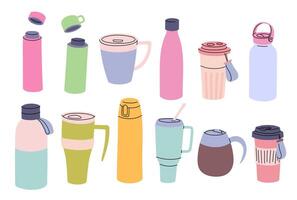 Cartoon Color Different Thermo Mugs and Bottles Set. vector