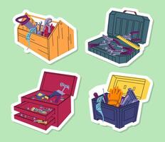 Cartoon Color Different Construction Toolkit Boxes Stickers Set. vector