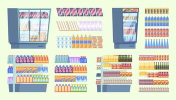 Cartoon Color Full Supermarket Refrigerator and Shelving with Products Set vector