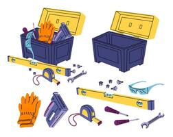 Cartoon Empty and Full Open Construction Toolkit Boxes with Yellow Cover Set. vector