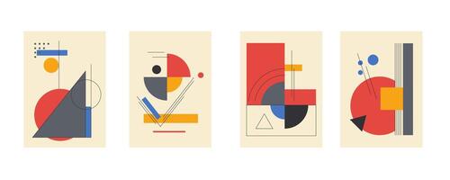 Cartoon Color Bauhaus Concept Placard Banner Card Set with Circle, Square and Triangle. vector