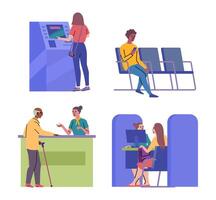 Cartoon Color Different Types Characters Clients and Managers at Bank Office Room Concept. vector