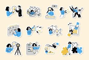Cartoon Color Social Media Marketing Content Plan Concept Scenes Stickers Set. vector