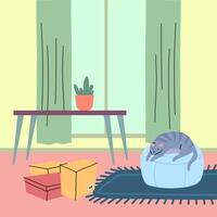 Cartoon Color Poof with a Cat and Table Room Interior Inside Scene Concept. vector