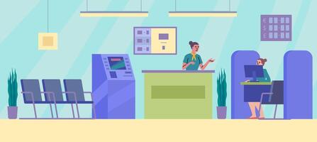 Cartoon Color Characters Managers at Bank Office Room Concept. vector