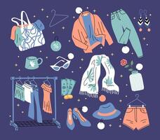 Cartoon Color Second Hand Store Concept Goods and Clothes Set. vector