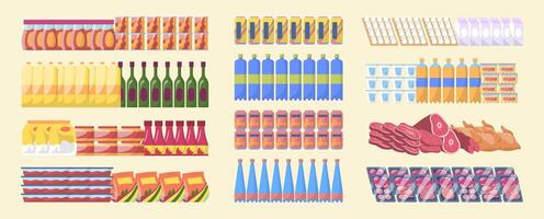 Cartoon Color Different Types Supermarket Food and Drink in Rows Set. vector