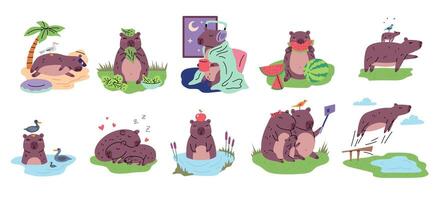 Cartoon Color Different Funny Capybaras Set. vector