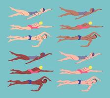 Cartoon Color Different Skin Tones Characters People Professional Swimmers Concept. vector