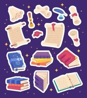 Cartoon Color Different Spell Magic Books and Scrolls Stickers Set. vector
