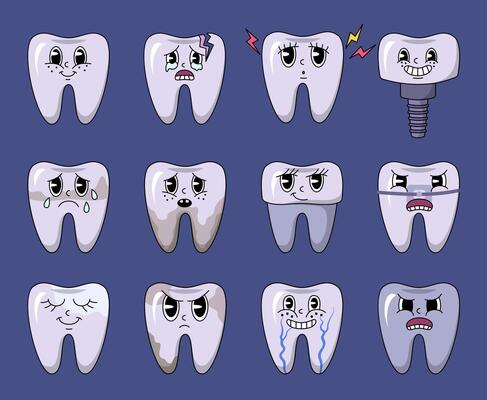 Cartoon Color Retro Groovy Tooth Character Set.
