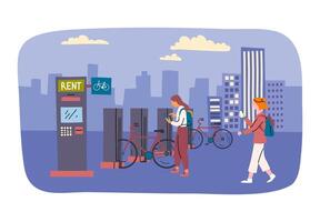 Cartoon Color Characters People and Bicycles for Rent Concept. vector