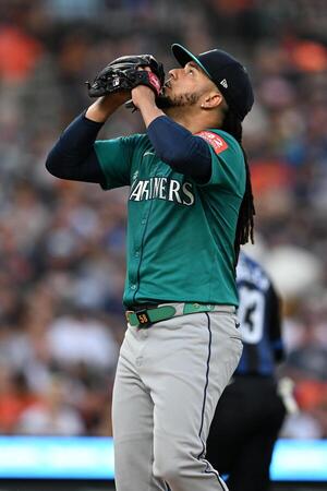 Seattle Mariners starting pitcher Luis Castillo (58) reacts after getting a strikeout to get out of a base loaded situation against the Detroit Tigers in the fourth inning at Comerica Park. editorial_image